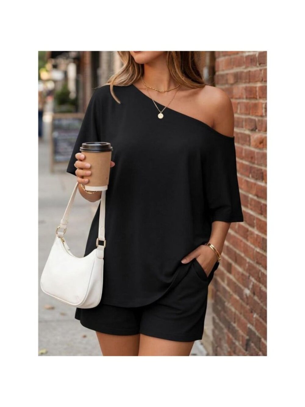One-Shoulder Short Sleeve Top and Shorts Set